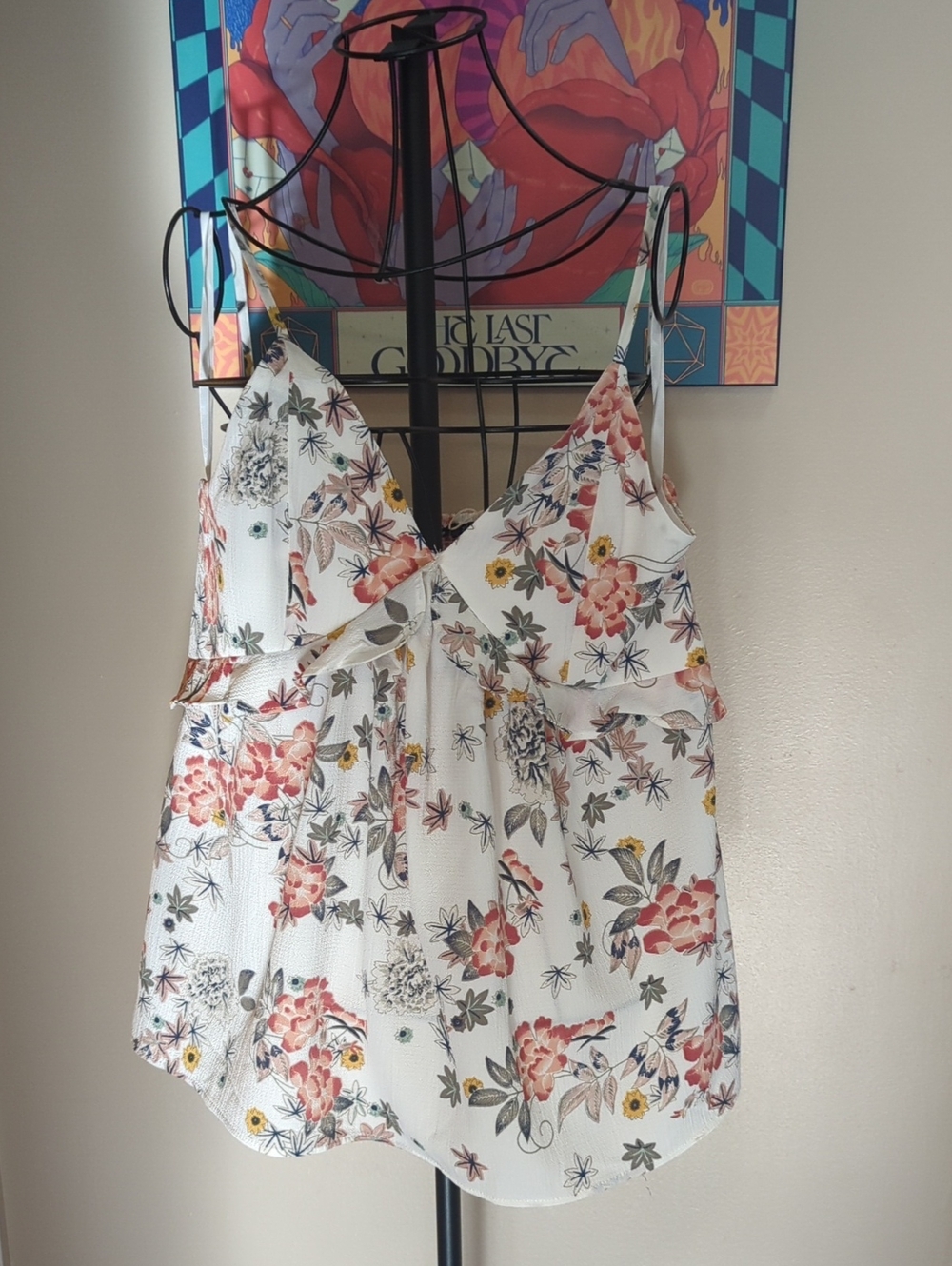 Floral Ruffle V-Neck Cami Top - White with Coral Floral